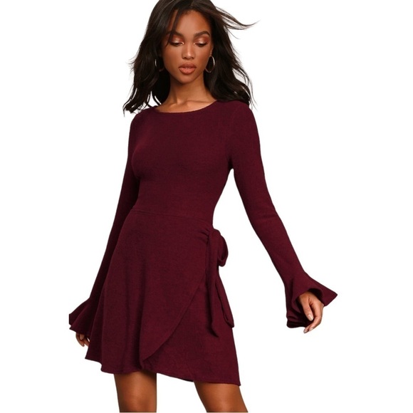 Lulus Favorite Tune Burgundy Faux Wrap Sweater Dress - Picture 1 of 16